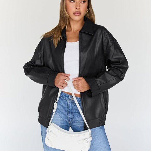 Womens Leather Jackets Oversized Faux Motorcycle Plus Size Moto Biker Coat Fall - Picture 2 of 5